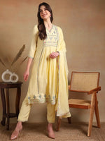 Ahika Women Yellow Rayon Embroidered A-Line Kurta Pant Set