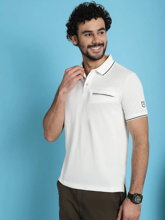 Venitian Men  Pique Matty Cotton Off-White 2 Zipper Pocket Polo Neck T-Shirt