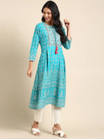 Women's Blue Printed Kurta Set-BCSK-1524-Turquoiseblue