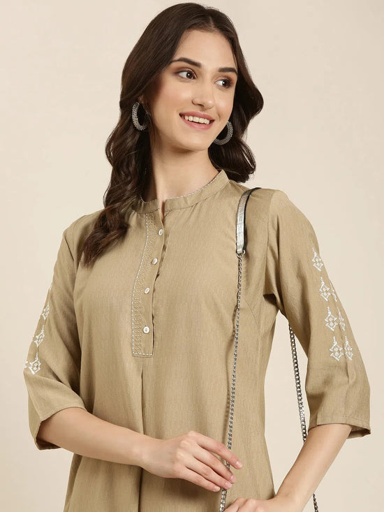 Women Beige Solid Straight Kurta-DF-1577-Beige