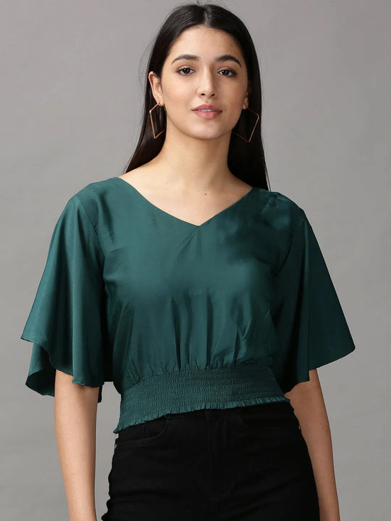 Women's Green Solid Cinched Waist Crop Top-AE-10558-Green