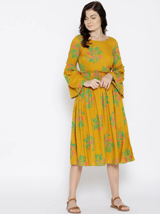 Foral Print Midi Dress with bell sleeve in Mustard