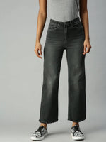 Women's Grey Solid Denim Wide Leg Jeans-IM9894-Grey