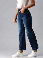 Women's Blue Solid Wide Leg Denim Jeans-IM-9867-Blue