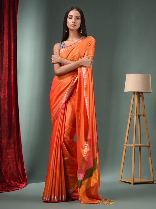 Orange Blended Silk Handwoven Saree With Temple Zari Border-MA50BSL01660148