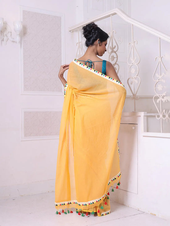 Yellow Mulmul Cotton Soft Saree With Patch Work Borders-MA62MCT33830019