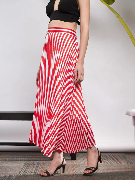 Women Red & White Satin Striped Accordion Pleated Maxi Skirt