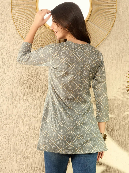 Ahika Women Grey Cotton Blend Blend Bandhani Printed Regular Tunic-VT1288