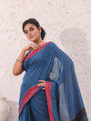 Teal Blue Pure Cotton Saree With Temple Border-MA54CT33440073