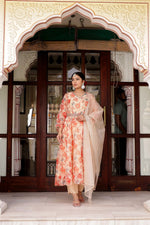 Vaasva Women Cream Organza Floral Print & Embroidered Anarkali Kurta, Pant & Dupatta set