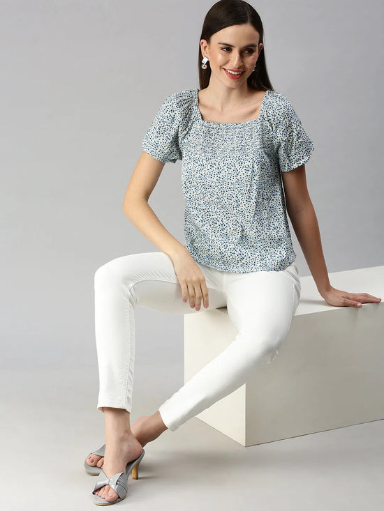 Women's White Printed Tops-ON-01-Whiteblue