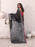 Black Cotton Saree With Damask Motifs And Zari Border-MA54BCT04940049