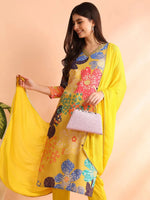 Ahika Women Yellow Cotton Blend Floral Printed Straight Kurta Trouser With Dupatta-PKSKD2492