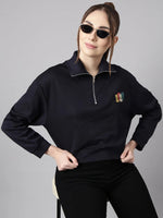 Women Navy Blue Solid Front-Open Oversized Crop Sweatshirt-AF-2099-Navyblue