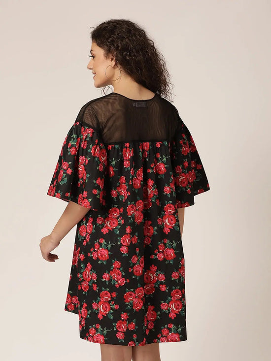 Sheer neck and flare sleeve Dress in Black and Red