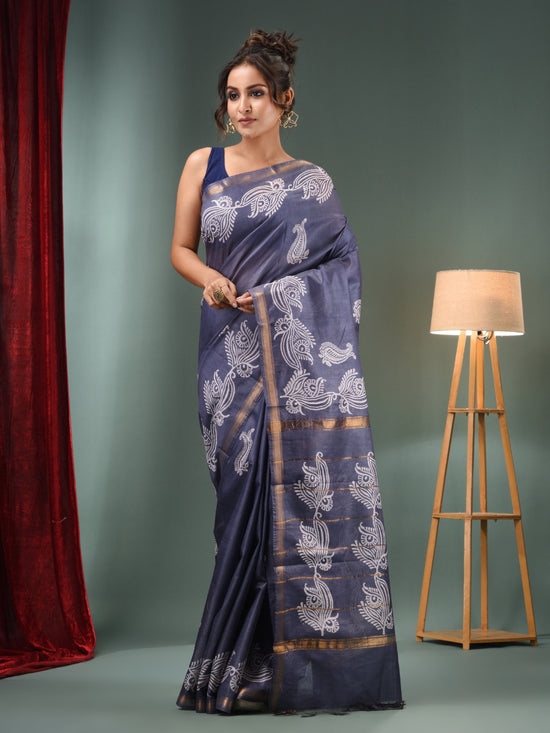 Grey Blended Silk Handwoven Saree With Paisley Border-MA50BSL34710008