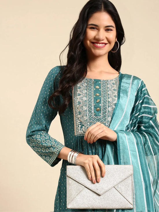 Women's Teal Printed Kurta Set-BCSK-1525-Teal