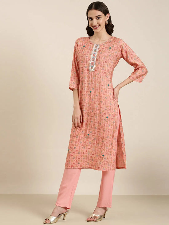 Women Peach Floral Kurta Set-FS-2764-Peach