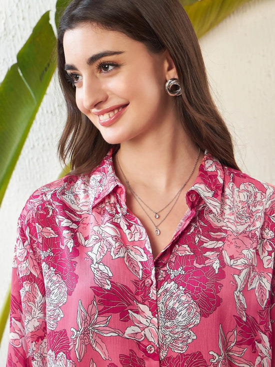 Women Pink Floral Oversize Shirt