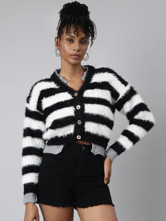 Women Striped Black Regular Cardigan-CHN-885-Black