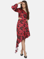 Floral Red One Shoulder Assymetrical Dress-17302