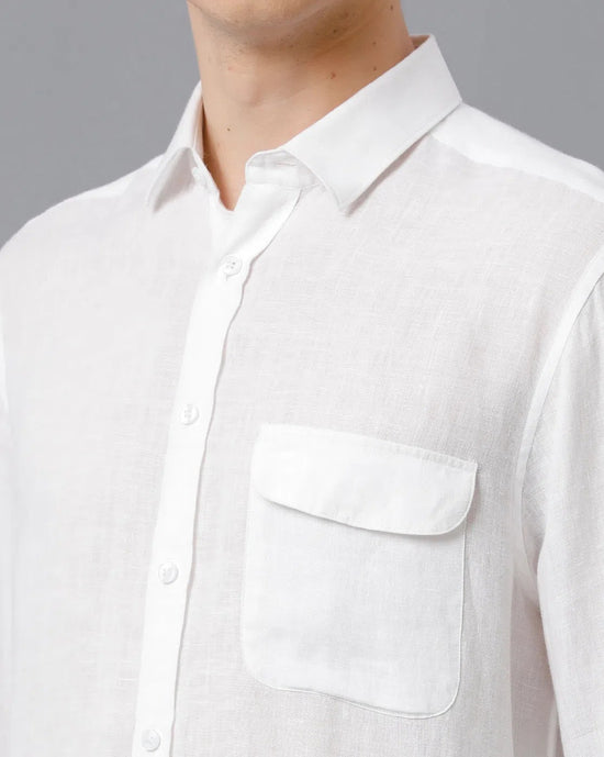 Mens Regular Fit Solid White Casual Linen Shirt-LINNO-S