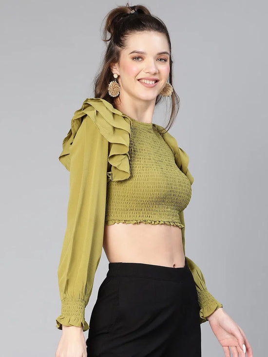 Slant Green Ruffled & Smocked Women Casual Crop Top