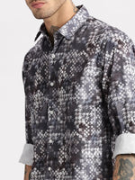 Men Spread Collar Geometric Grey Casual Shirt-PELSIC-2253-Grey