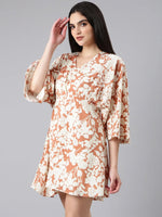 Women Rust Floral A-Line Dress-AE-15963-Rust