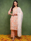 Ahika Women Peach Pure Cotton Floral Printed Straight Kurta Trouser With Dupatta-JPSKD1042PCH_M