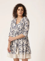 Two layer Short collar Dress in Off white and Blue