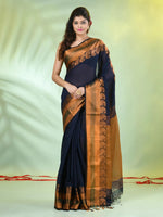 Navy Blue Cotton Saree With Zari Borders-MA66BCT43620063