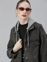 Women Charcoal Solid Denim Jacket-CHN-368-Charcoal