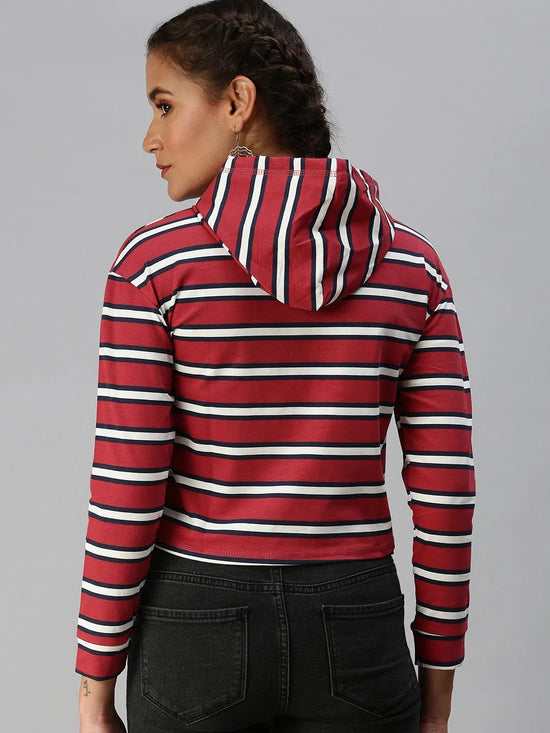 Women's Red Striped Crop Pullover Sweatshirt-AF-1778-Maroon