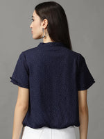 Women's Navy Blue Printed Blouson Top-ON-352-Navyblue