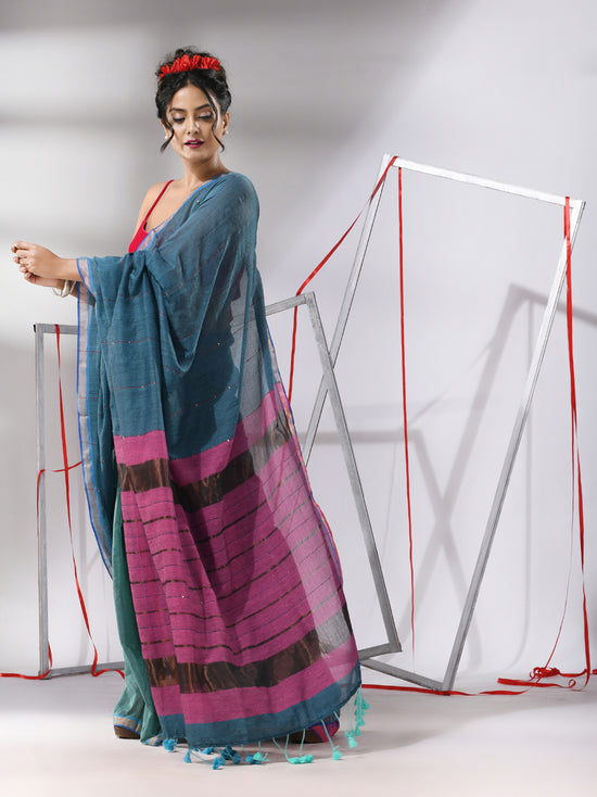 Teal Cotton Saree With Sequine Work And Zari Stripe Pallu-MA55CT06520120