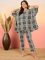 Anti Fit Kaftan Top with Pants in Black and Cream Ikkat Print