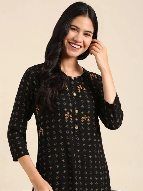 Women's Black Printed Kurta Set-GW-1619-Black