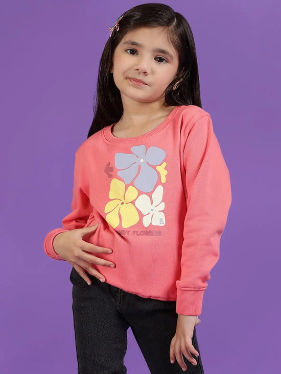 Tales & Stories Pink Floral Printed SweatShirt For Girls