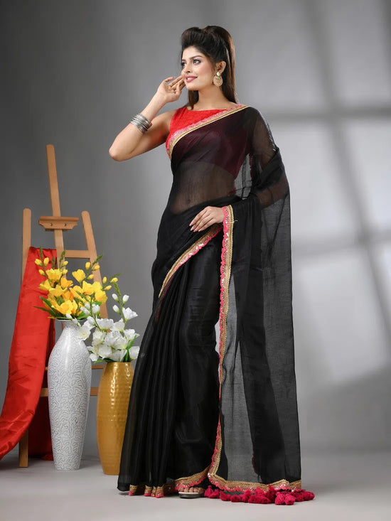 Black Shimmer Tissue Saree With Gota Patti Borders-MA62TIS33990015