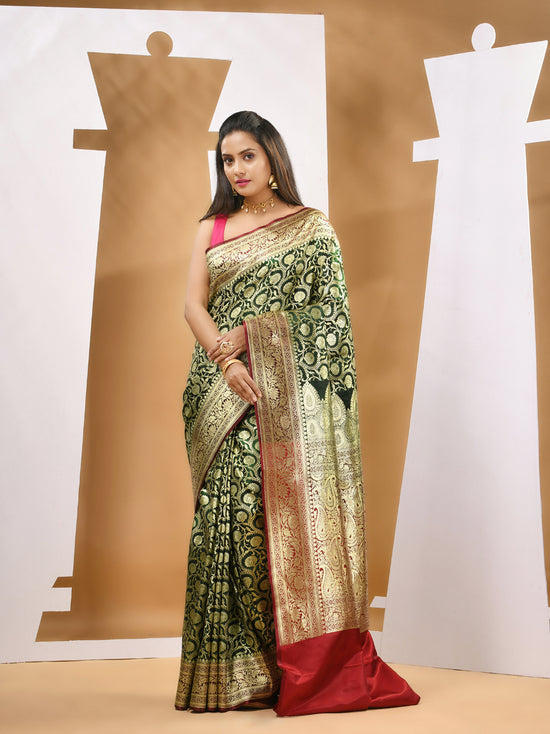 Dark Green Silk Banarasi Saree With Zari Woven Designs-MA53BSL441050007