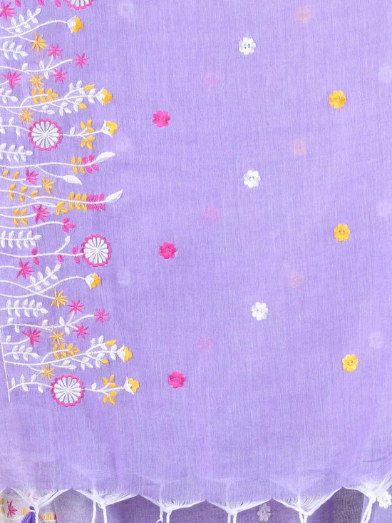 All Over Thread Floral Embroidery Lavender Cotton Saree-MA62CT33610075