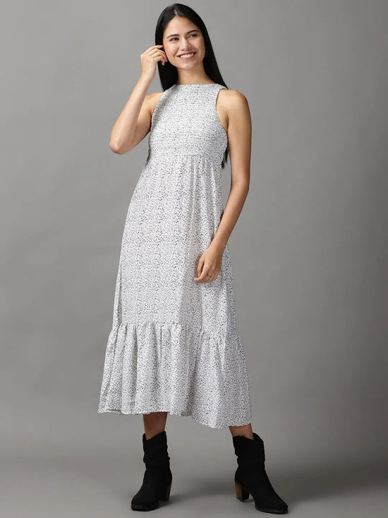 Women's White Printed Fit and Flare Dress-AE-15670-White