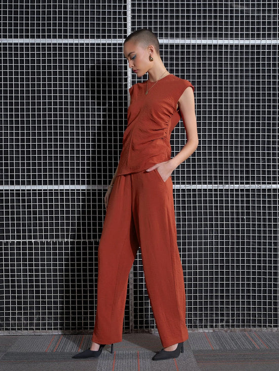 Women Rust Pleated Sleeveless Top With Pants