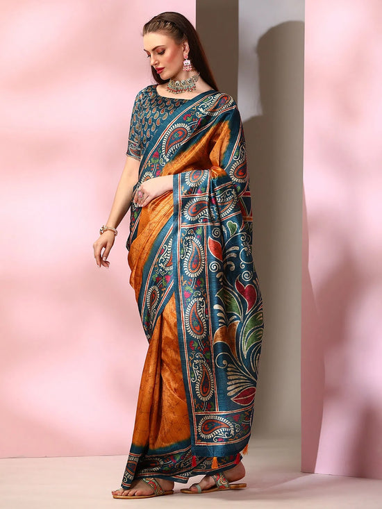 Saree Mall Women's  Blend Teal Blue Printed Designer Saree With Blouse Piece-SOFIA2007