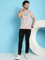 Venitian Men Printed Round Neck Pink Cotton Lycra T-Shirt