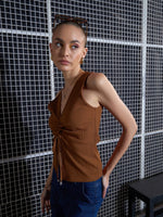 Women Brown Rib Front Ruched Top