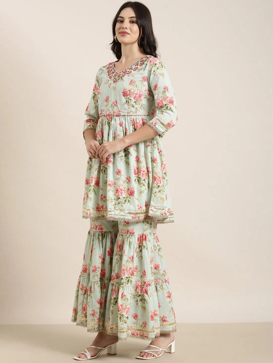 Women Anarkali Sea Green Floral Kurti and Sharara Set Comes With Dupatta-TF-131-Seagreen