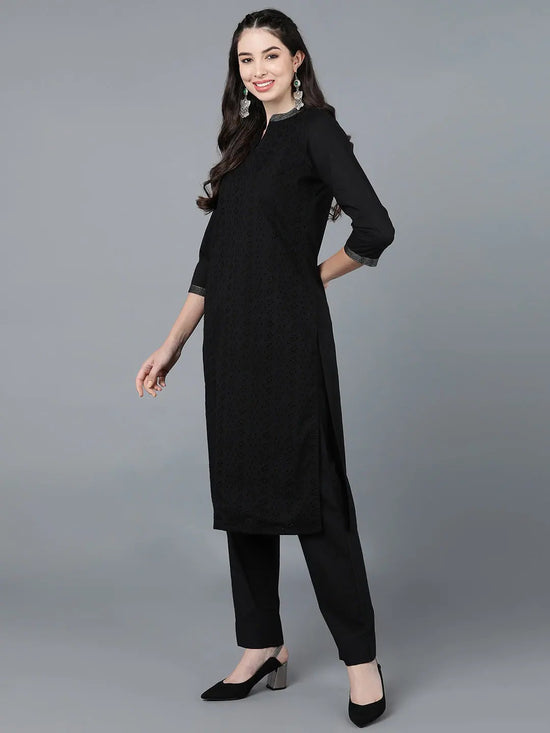 Ahika Women Black Cotton Self Design Straight Kurta Pant Set