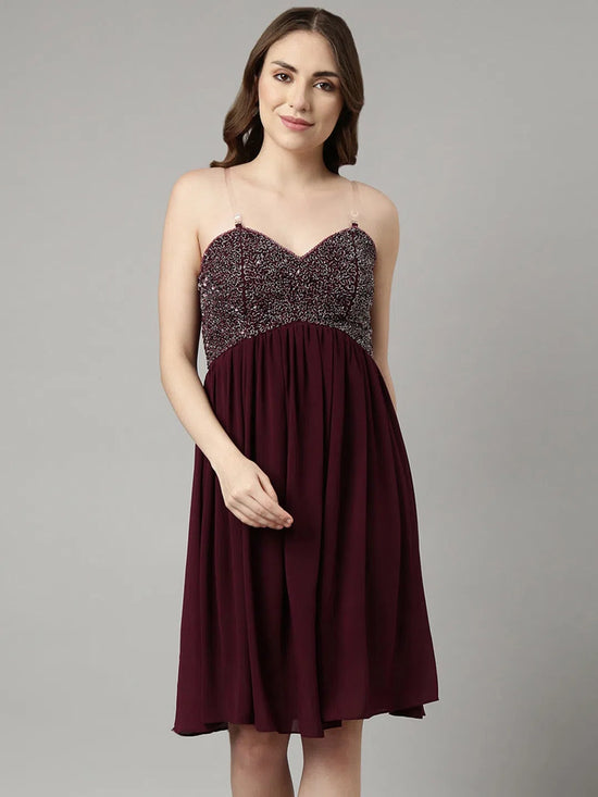 Women Purple Embellished Fit and Flare Dress-KW-6255-Purple